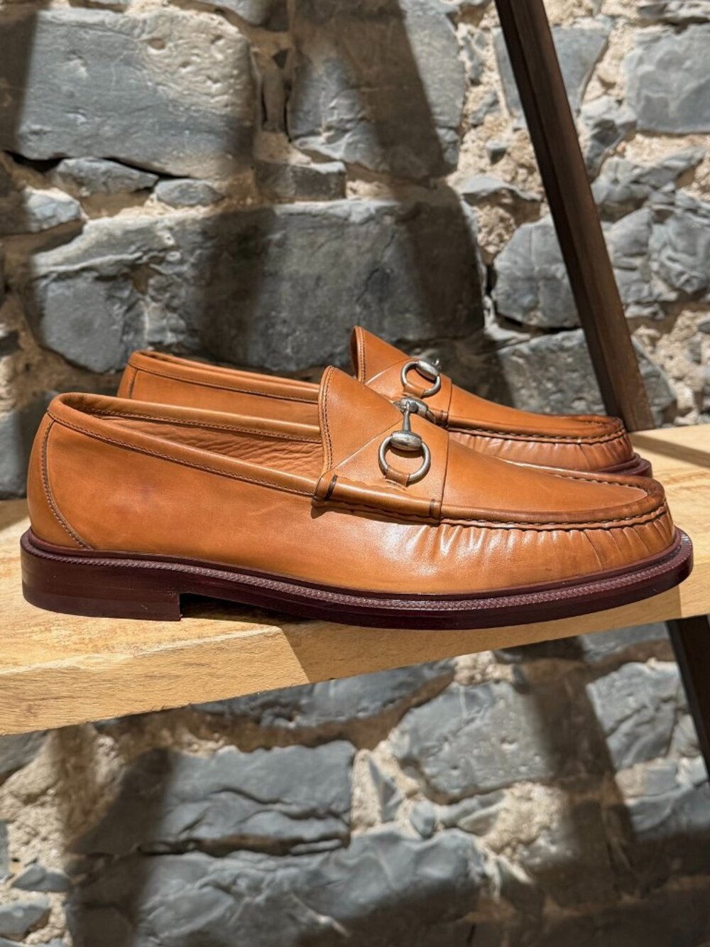 Gucci Tan Leather Horsebit Accent Loafers